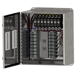 A stainless steel SCE410 signal conditioner enclosure with one twist lock closure, shown with the front door open revealing eight signal conditioners mounted inside the enclosure.